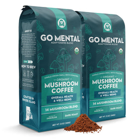 GO MENTAL organic 14-mushroom coffee bag showing premium blend for mindful mornings.