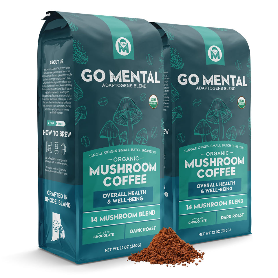 GO MENTAL organic 14-mushroom coffee bag showing premium blend for mindful mornings.