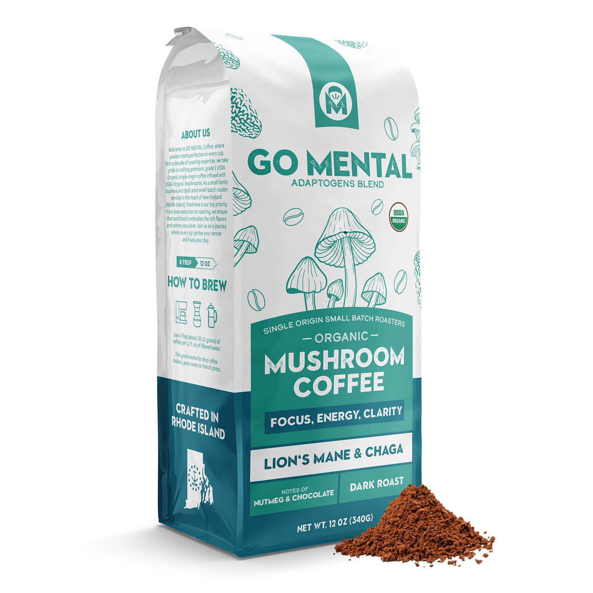 GO MENTAL organic Lion's Mane and Chaga ground coffee pack for daily focus