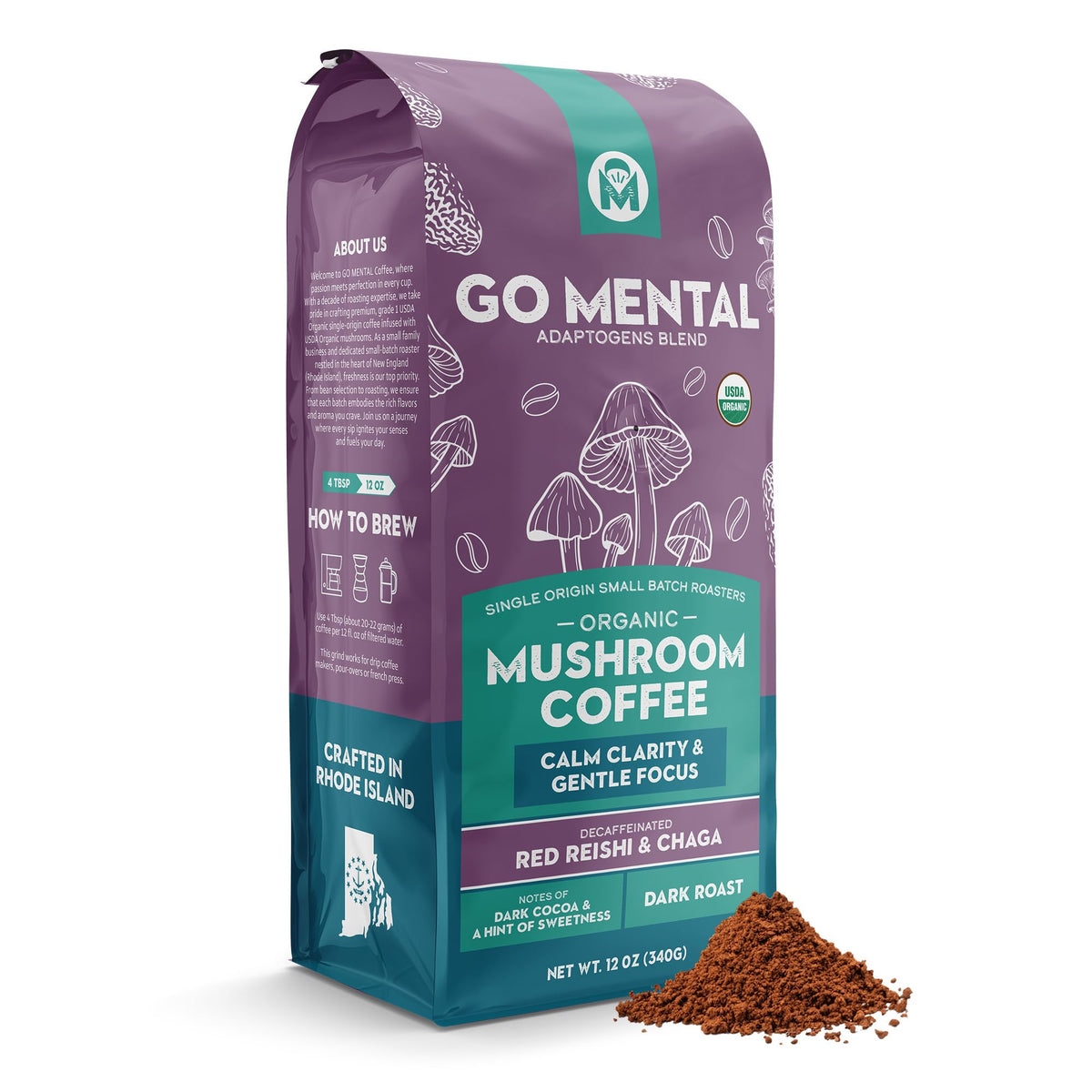 Go MENTAL Organic Mushroom Decaf Coffee beans with rich aroma for a balanced morning.