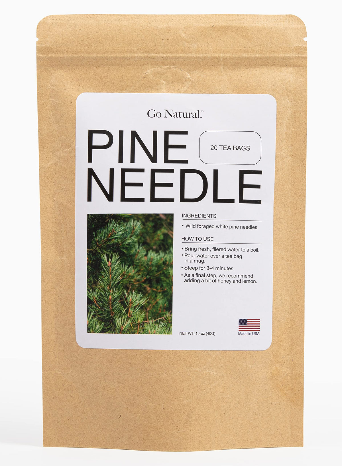 Go Natural Pine Needle Tea package front view, wild-foraged USA origin and antioxidant-rich profile.