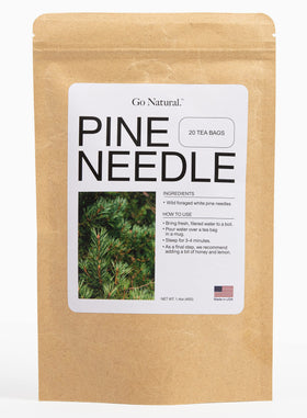 Go Natural Pine Needle Tea package front view, wild-foraged USA origin and antioxidant-rich profile.
