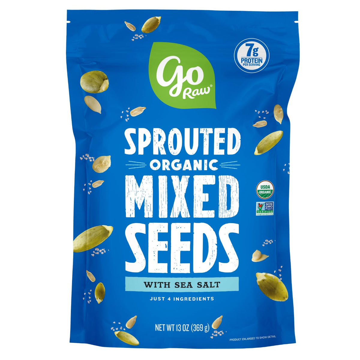 Go Raw organic sprouted pumpkin seeds shown as a protein-rich on-the-go snack.