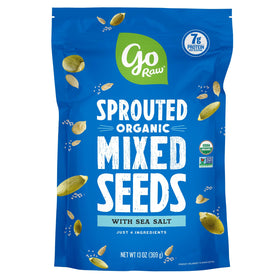 Go Raw organic sprouted pumpkin seeds shown as a protein-rich on-the-go snack.