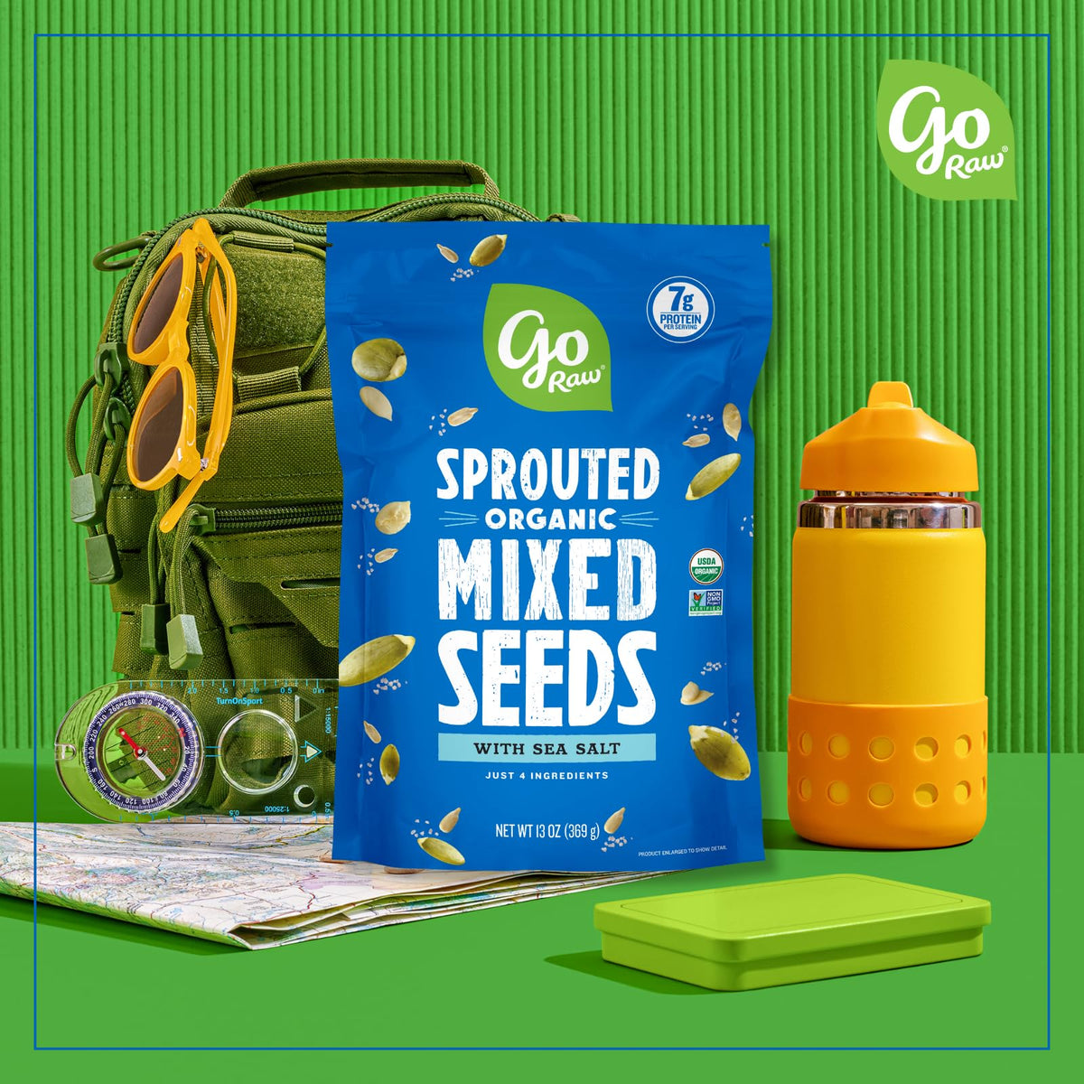 Go Raw organic sprouted sunflower seeds presented as a nutrient-dense crunch for salads.
