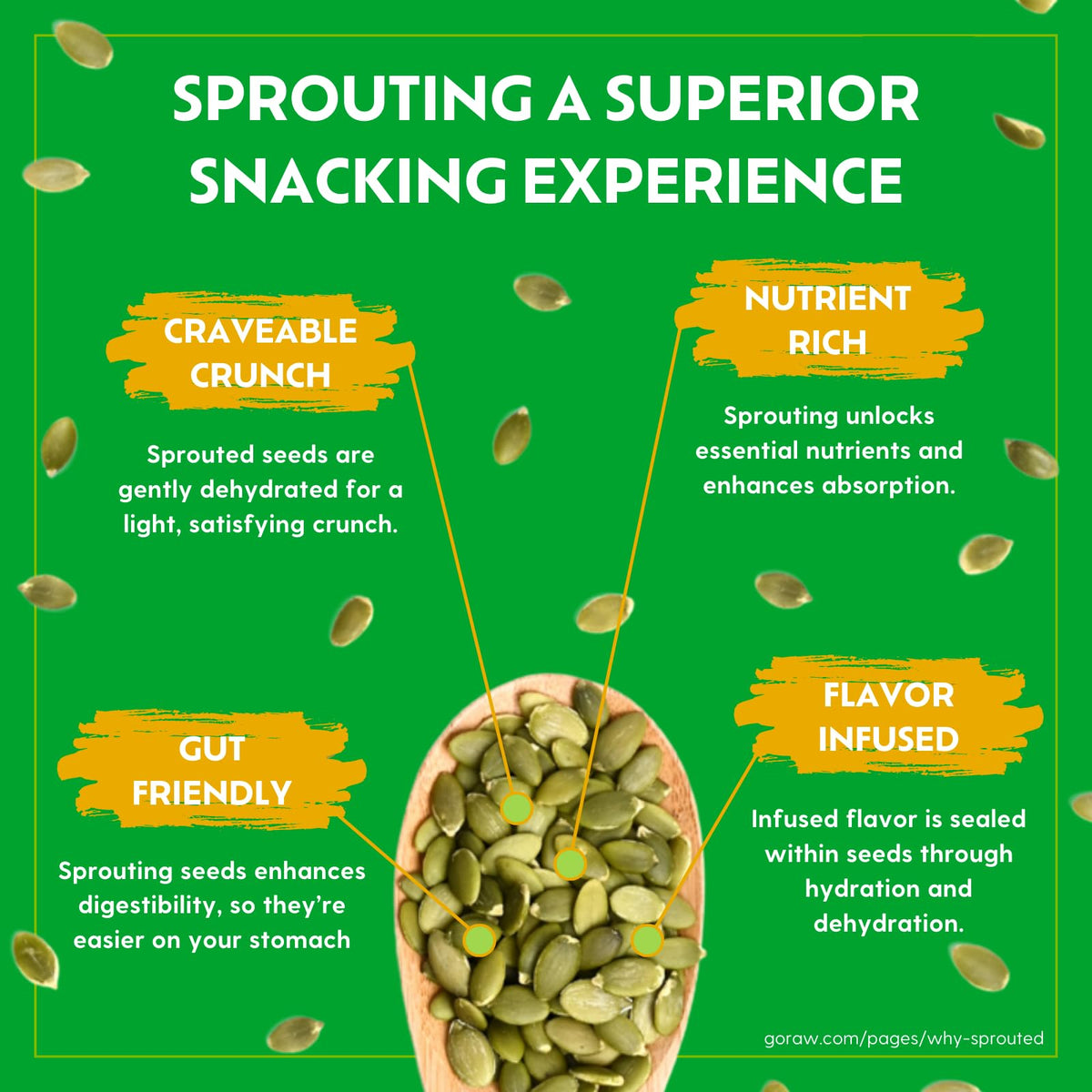 Go Raw sprouted pumpkin seeds close-up showing crunchy texture.