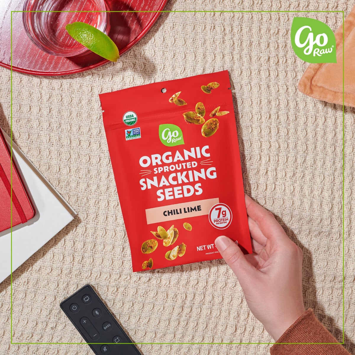 Go Raw sprouted chili lime seeds pack back with nutrition details and certifications.