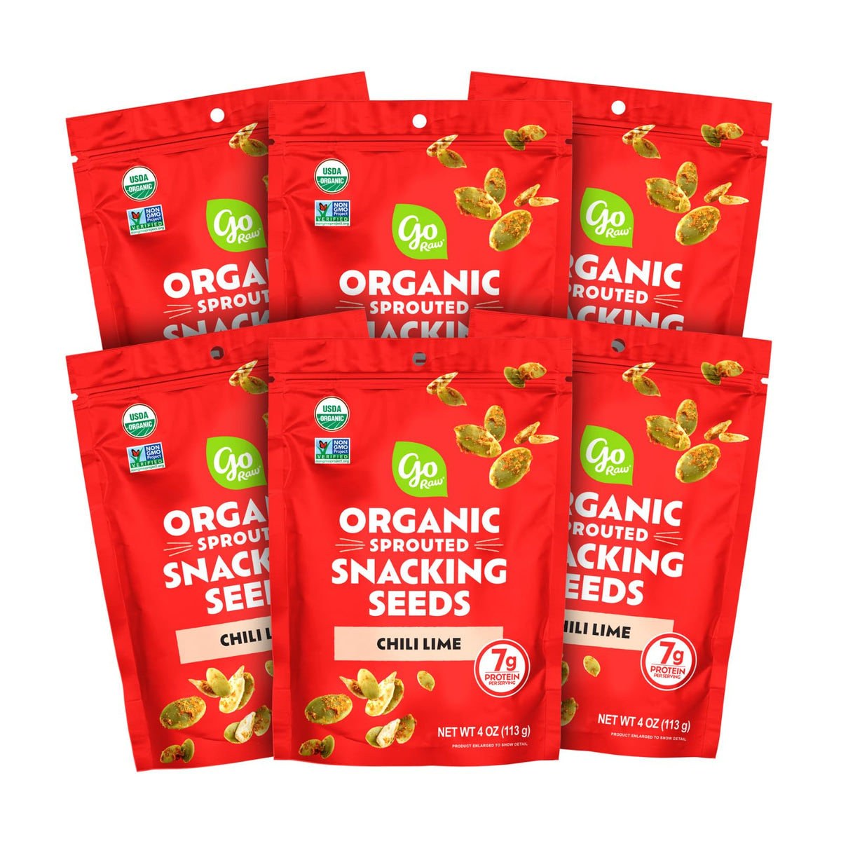Go Raw sprouted chili lime seeds pack front, crunchy, keto-friendly snack.