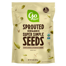 Go Raw sprouted pumpkin-seed mix front bag highlights gluten-free crunch.