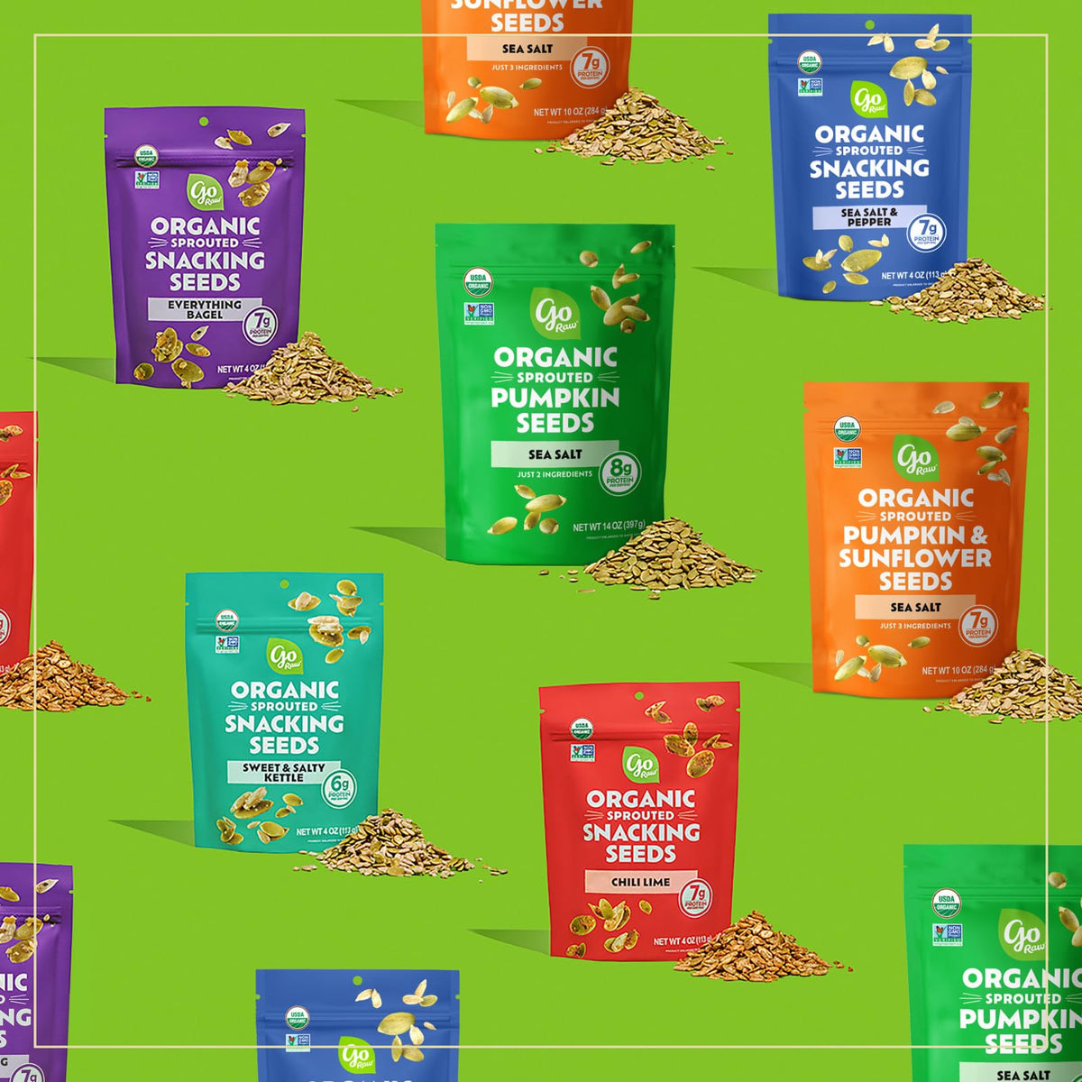 Go Raw sprouted seed label emphasizes organic non-GMO ingredients.