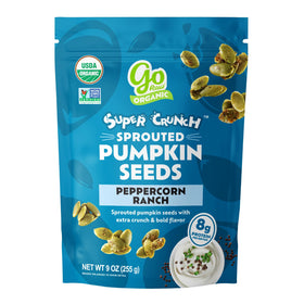 Go Raw Sprouted Seeds Peppercorn Ranch bag front highlights bold flavor and protein.