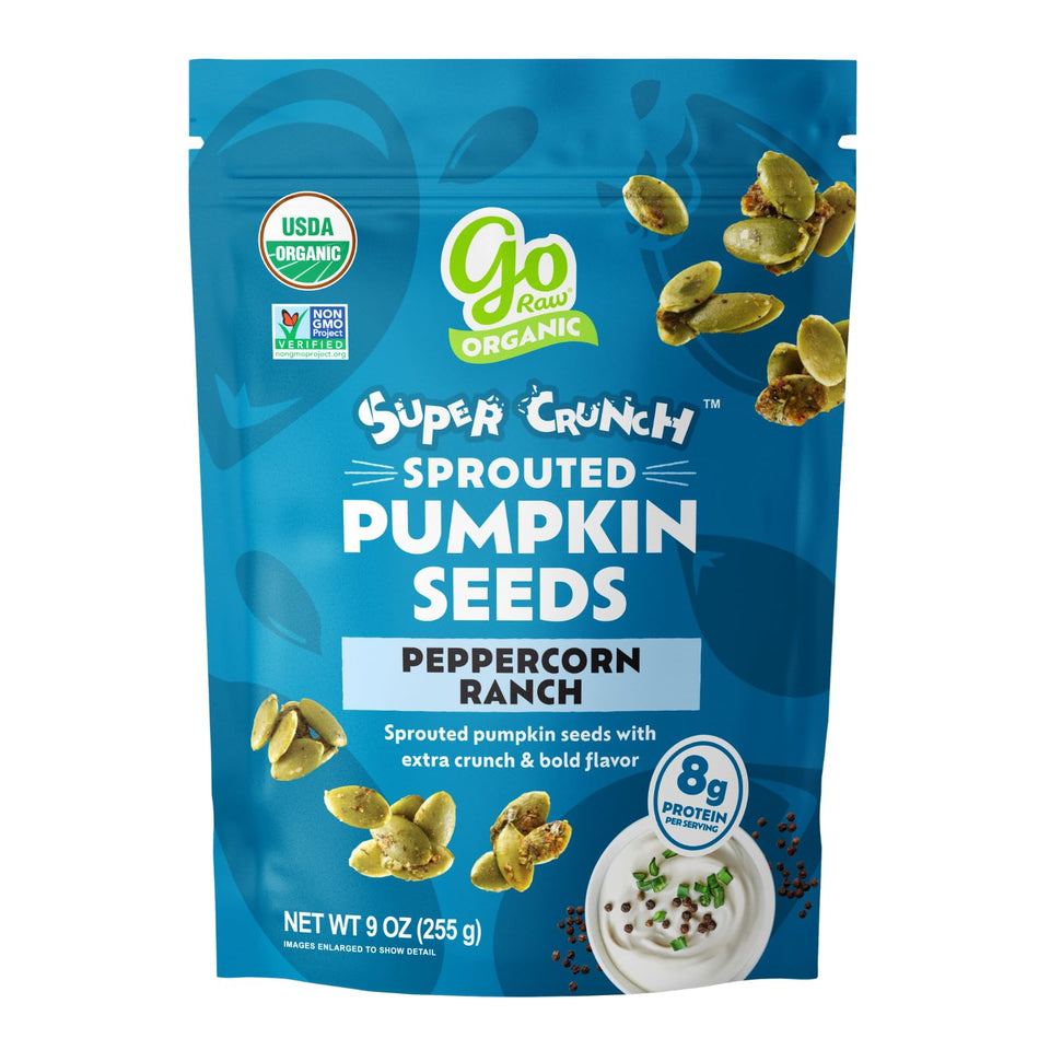 Go Raw Sprouted Seeds Peppercorn Ranch bag front highlights bold flavor and protein.