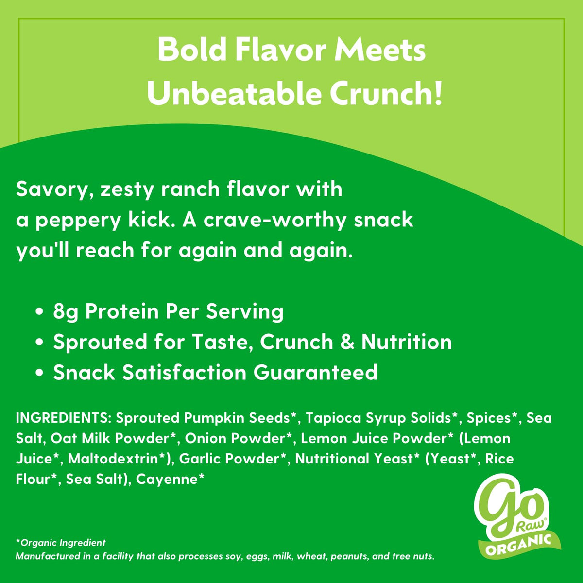Go Raw Sprouted Seeds Peppercorn Ranch closeup crunch emphasizes sprouted pumpkin seeds nutrition.
