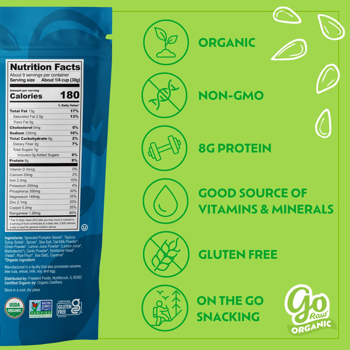 Go Raw Peppercorn Ranch ingredients layout reveals organic, gluten-free, non-GMO promise.
