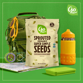 Go Raw sprouted sunflower-seed mix front bag highlights vegan-friendly snack.