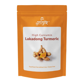 Go-Yogik Lakadong turmeric powder bottle — vibrant for curries and warm drinks.