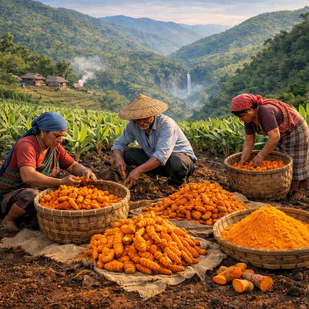 Go-Yogik Lakadong turmeric powder Meghalaya farm context — authentic origin in every pinch.