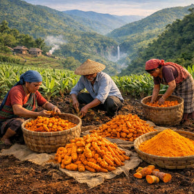 Go-Yogik Lakadong turmeric powder Meghalaya farm context — authentic origin in every pinch.