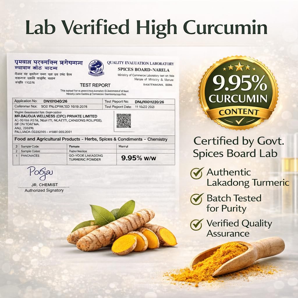 Go-Yogik Lakadong turmeric powder on spoon — ideal for smoothies and golden milk.