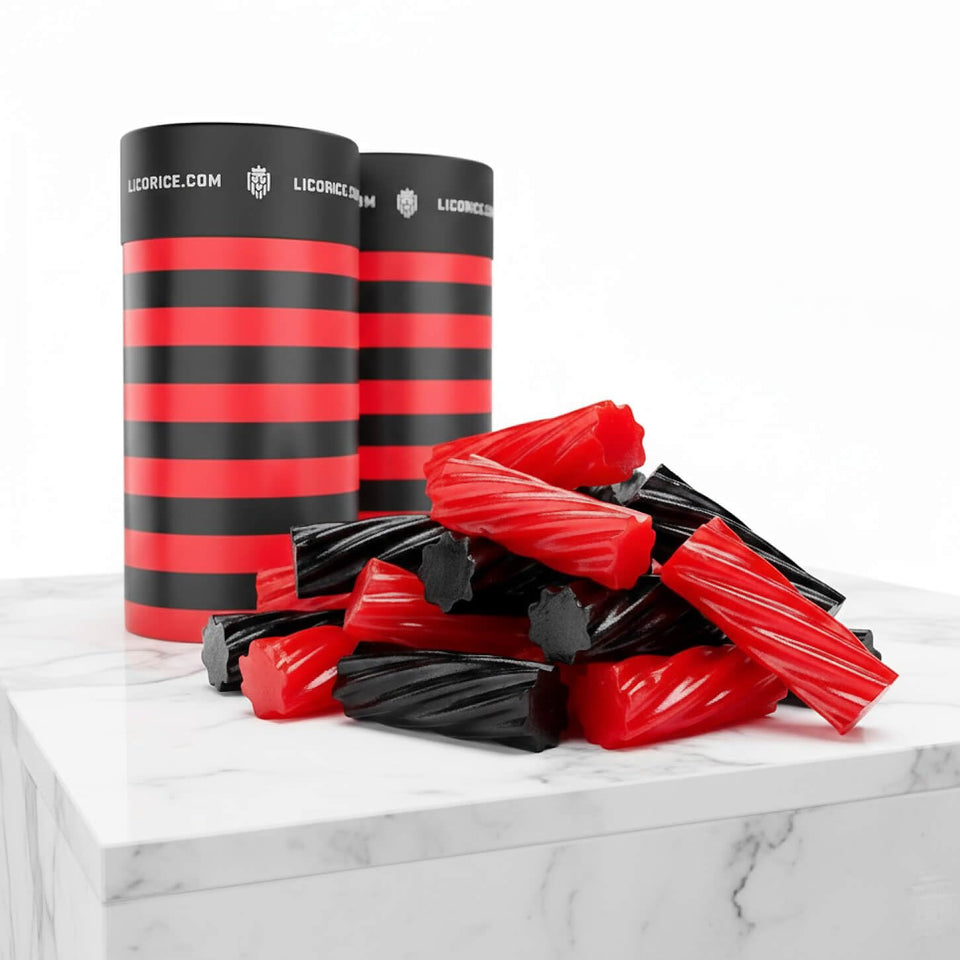 Goat Foods red licorice twist container, ideal for sharing at gatherings.