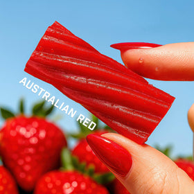 Goat Foods strawberry flavored red licorice close up for a fruity twist.