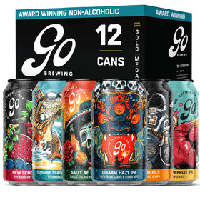 Go Brewing 12 Mixed Pack non-alcoholic cans show bold flavor for gatherings.
