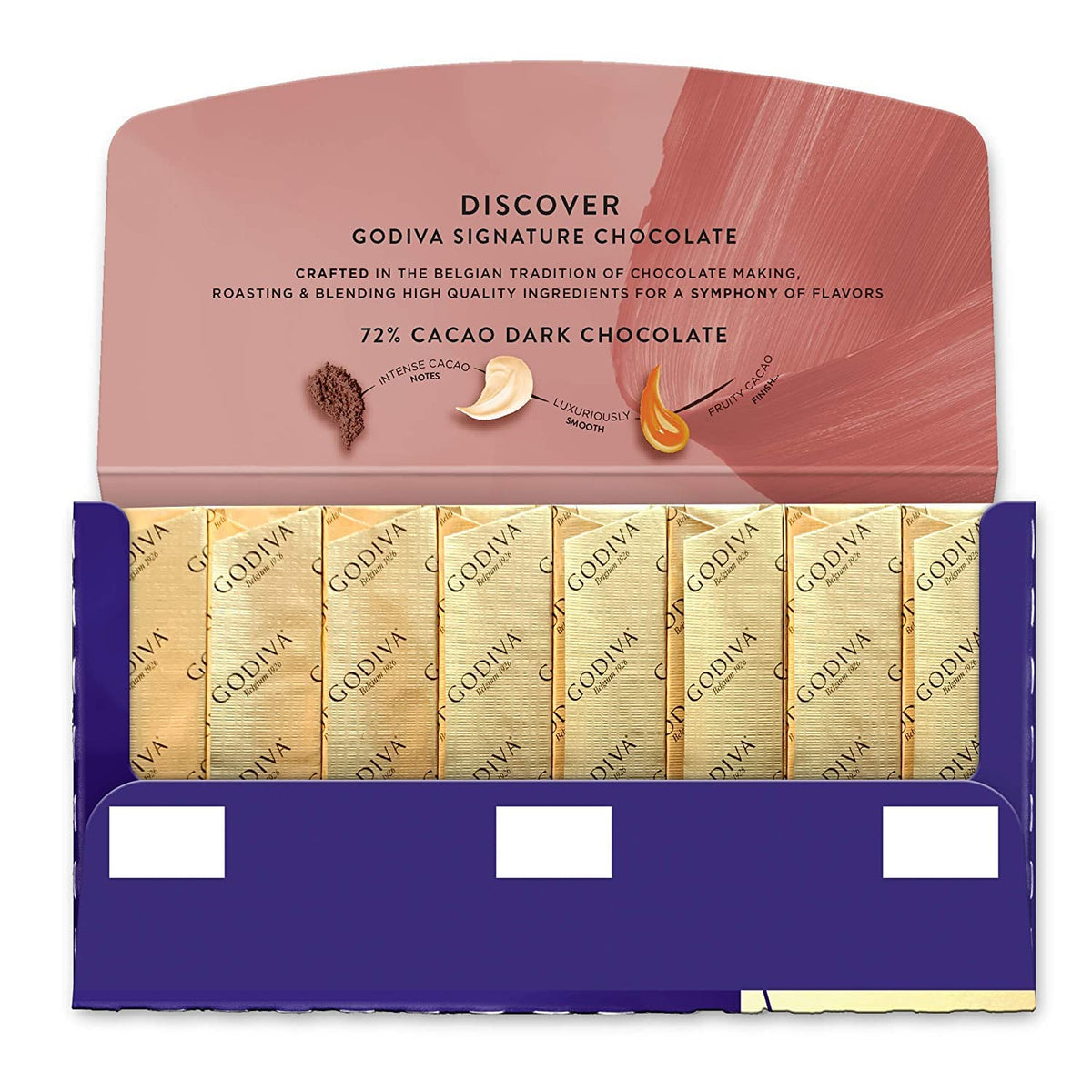 Godiva 72% cacao bars wrapper, convenient single-serve portions for on-the-go.