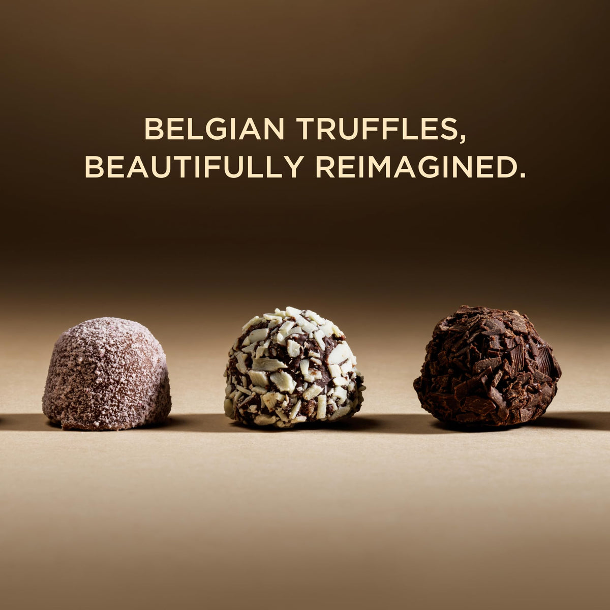Godiva dark chocolate coating on truffle highlights bold flavor and melt.