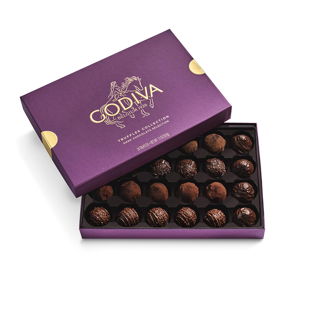 Godiva dark chocolate truffles box front view, ideal for gifting elegance.