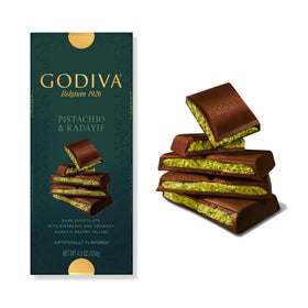 Cross-section of Godiva Dubai Style bar showing pistachio center