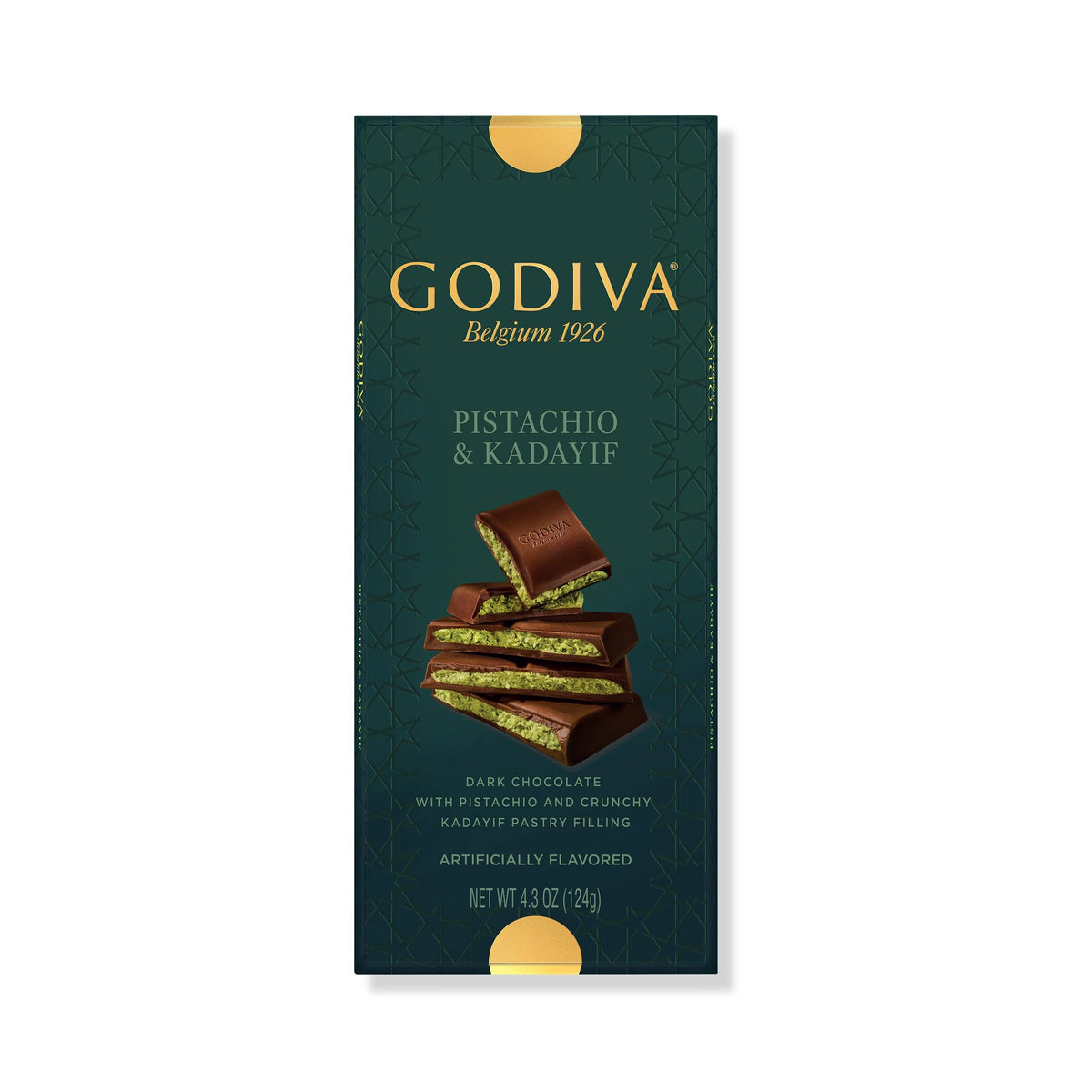 Godiva Dubai Style dark chocolate bar with pistachio filling and kadayif crunch