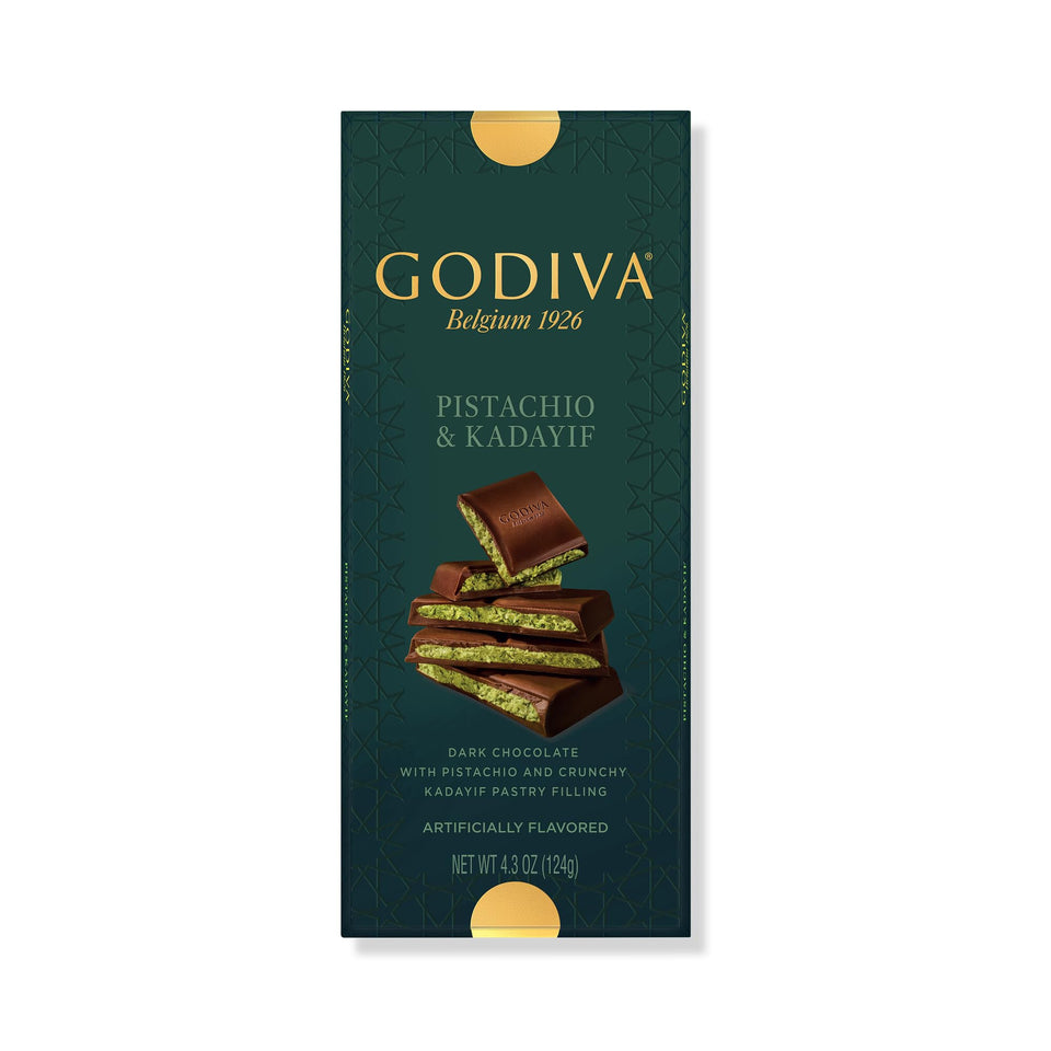 Godiva Dubai Style dark chocolate bar with pistachio filling and kadayif crunch