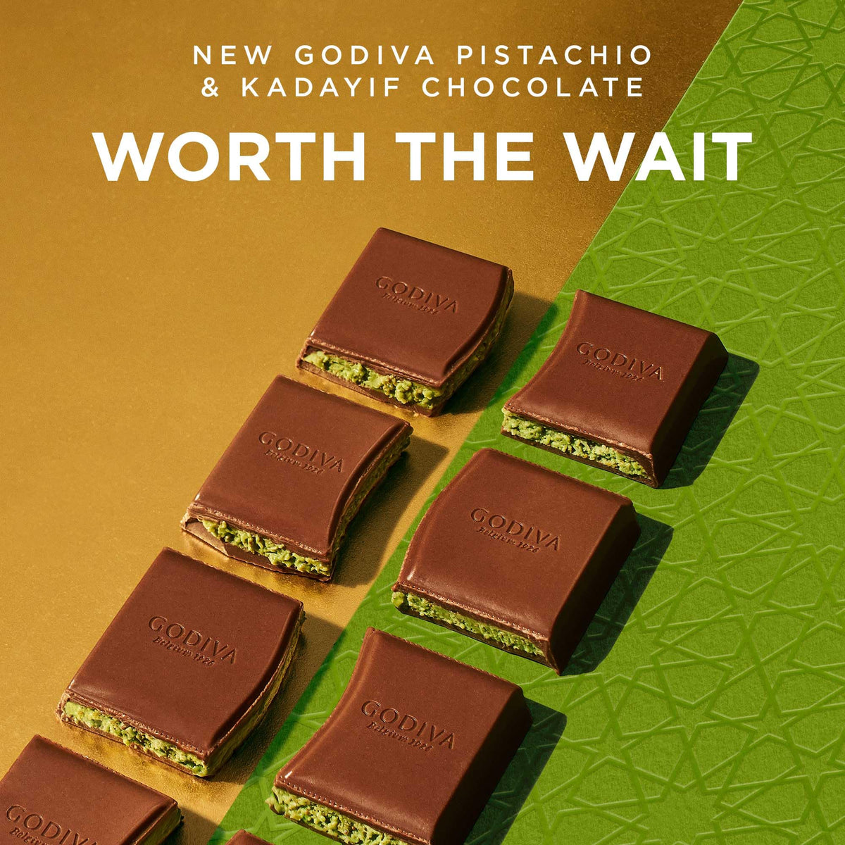 The bar's velvety milk chocolate shell complements the pistachio center.