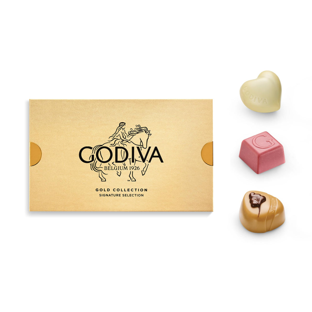 Close-up of Godiva Gold assortment with ganache, praline, and caramel flavors