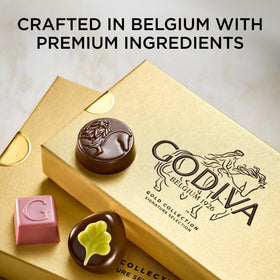 Godiva salted caramel piece close-up emphasizes glossy finish and balance.