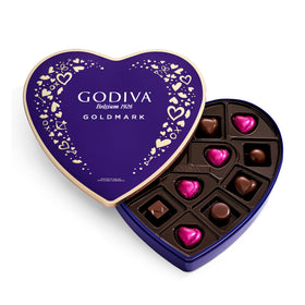 Godiva Goldmark heart box with 14 dark chocolates, ideal for romantic gifting.