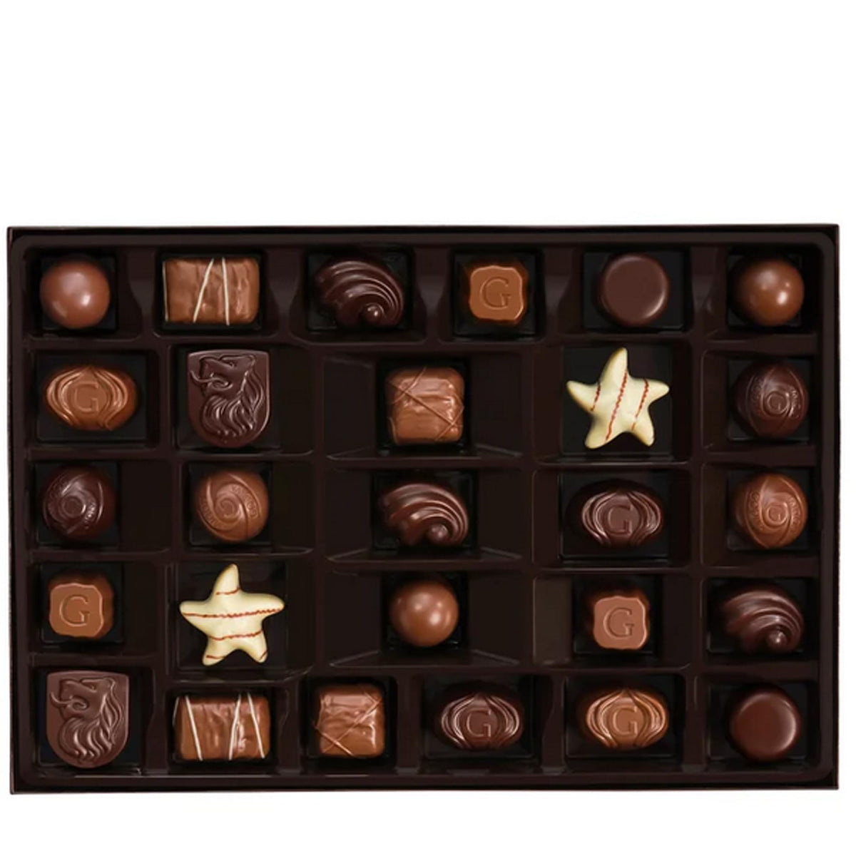 Godiva Goldmark assorted chocolates varieties on a display tray, perfect for sharing moments.