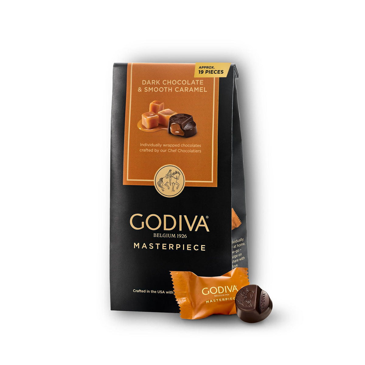Godiva Masterpiece dark chocolate bag with caramel center for refined snacking.