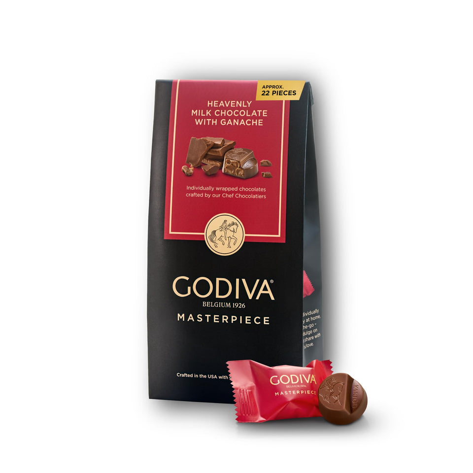 Godiva Masterpiece Milk Chocolate Bag front view with premium gift packaging.
