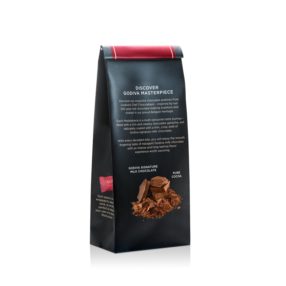 Godiva Masterpiece Milk Chocolate Bag opened to reveal individually wrapped pieces.