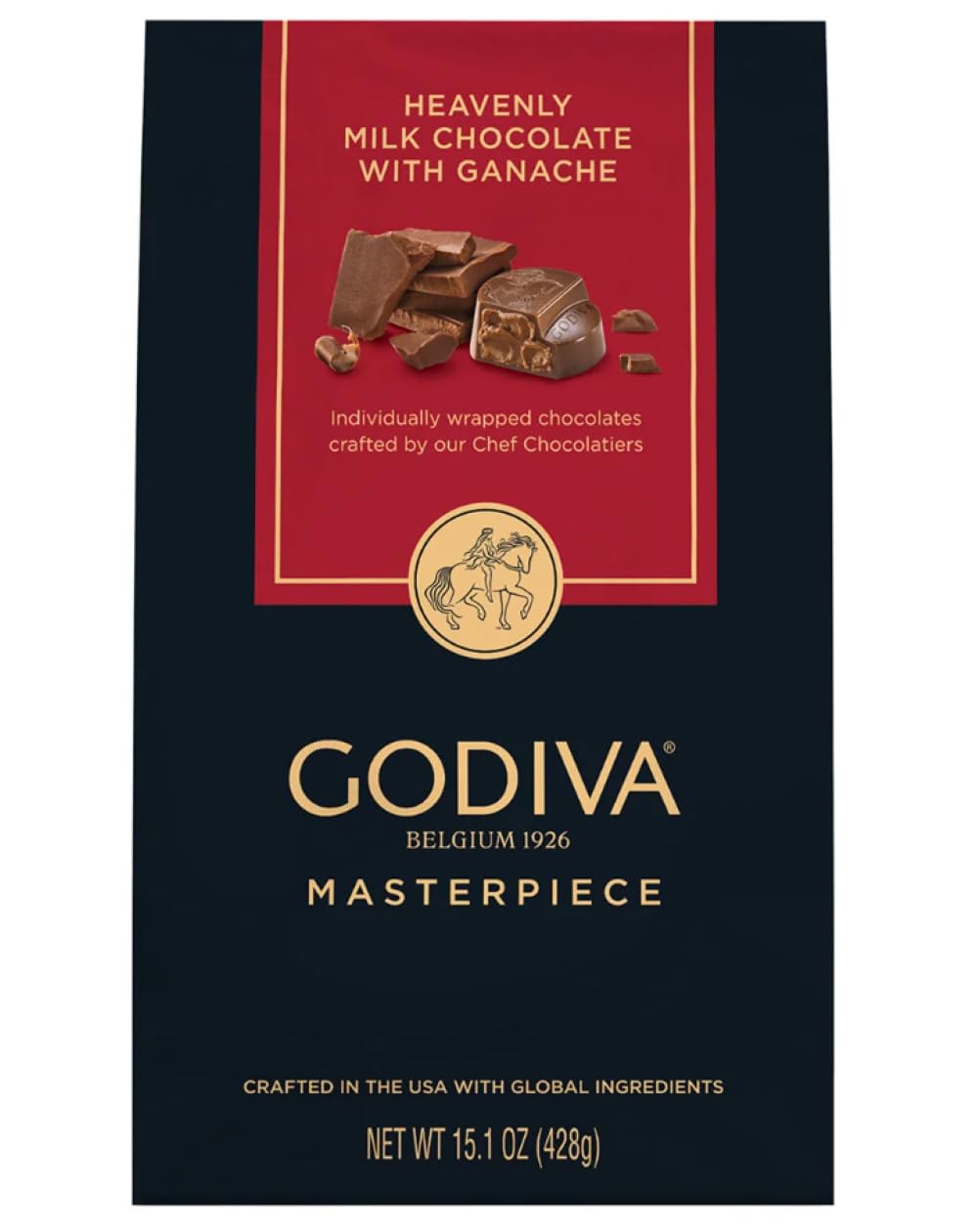 Godiva Masterpiece Milk Chocolate Ganache bag featuring elegant red and black design for gifting