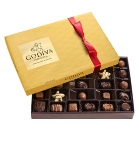 Godiva Premium Assorted Chocolates 27-count box showcasing elegant gift packaging.