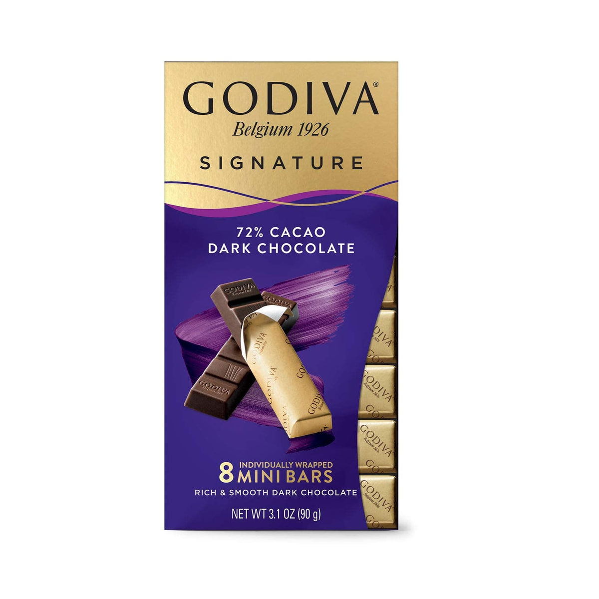 Godiva Signature 72% dark chocolate mini bars pack, eight wrapped bars for sharing.
