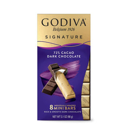 Godiva Signature 72% dark chocolate mini bars pack, eight wrapped bars for sharing.