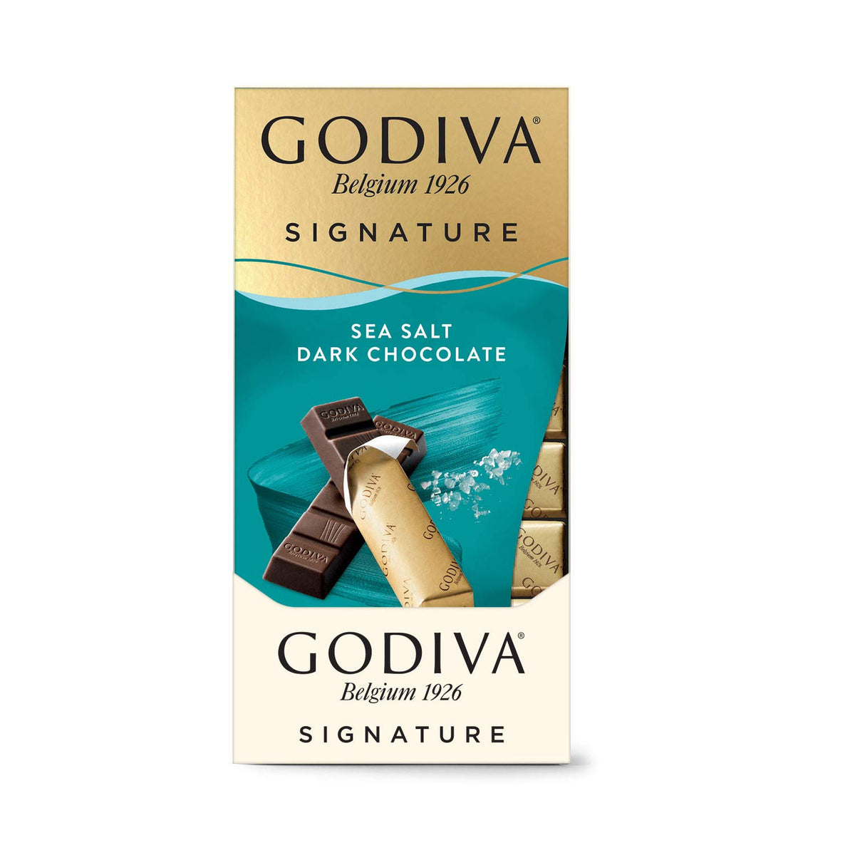 Godiva Signature Mini Bars close-up reveals rich dark chocolate with sea salt texture.
