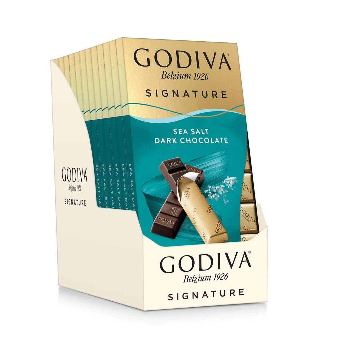 Godiva Signature Mini Bars packaging shows sea salt chocolate, ideal for gifting.