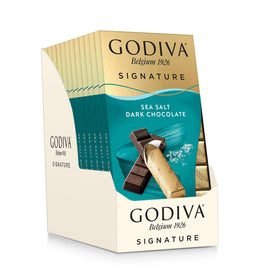 Godiva Signature Mini Bars packaging shows sea salt chocolate, ideal for gifting.