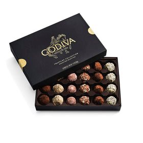 Godiva Signature Truffles box exterior with gold accents, ideal gift.