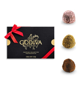 Godiva Signature Truffles gift box lid close-up, premium indulgence