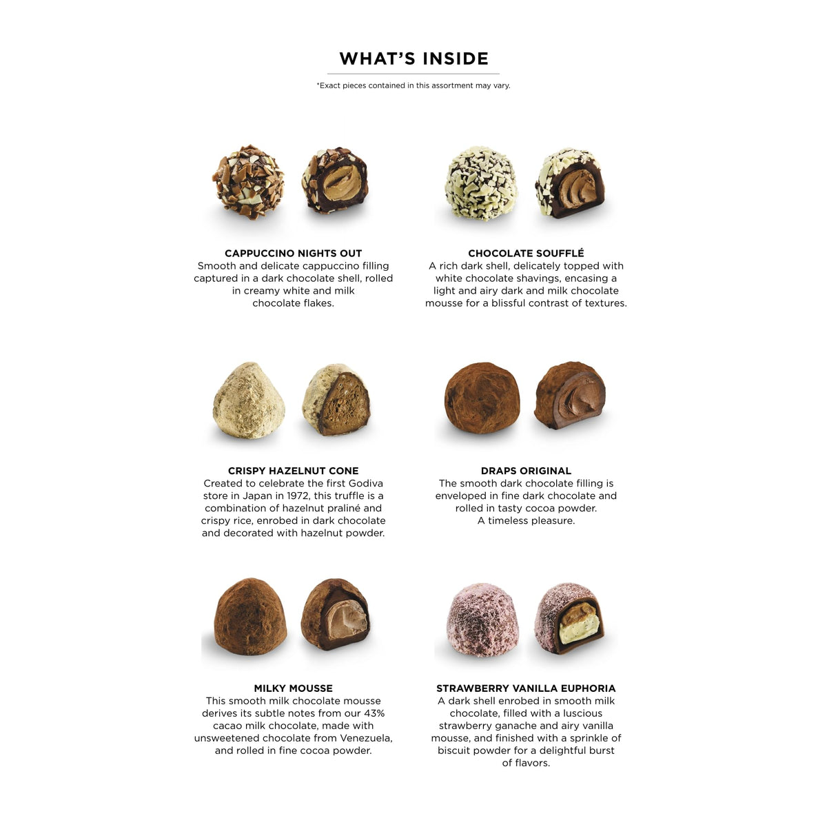 Assorted Godiva truffles in a tasting tray show variety.
